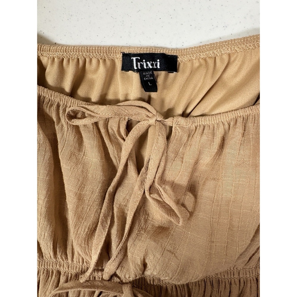 Trixxi Mini Dress Sz L Tan Ruffled Tiers Short Sleeve Flirty Coquette Y2k Party - Picture 13 of 14